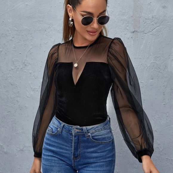 SHEIN Tops - 🆕 Black velvet and mesh long sleeve top